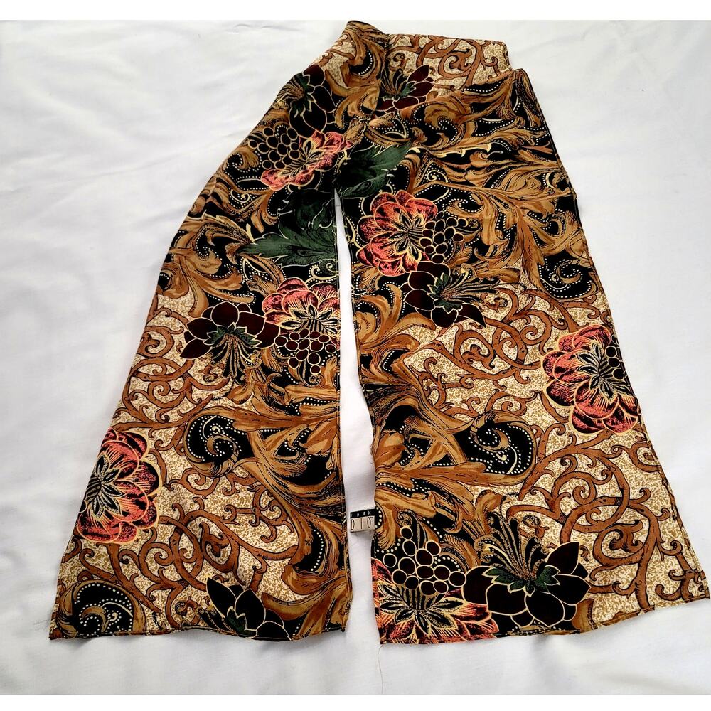 100% Vintage Silk Scarf Vibrant Colors Green Pink Tan Brown Luxurious 60"x10"